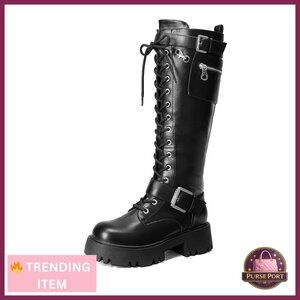 Women's Combat Riding Platform Knee High Boots with Inside Zipper